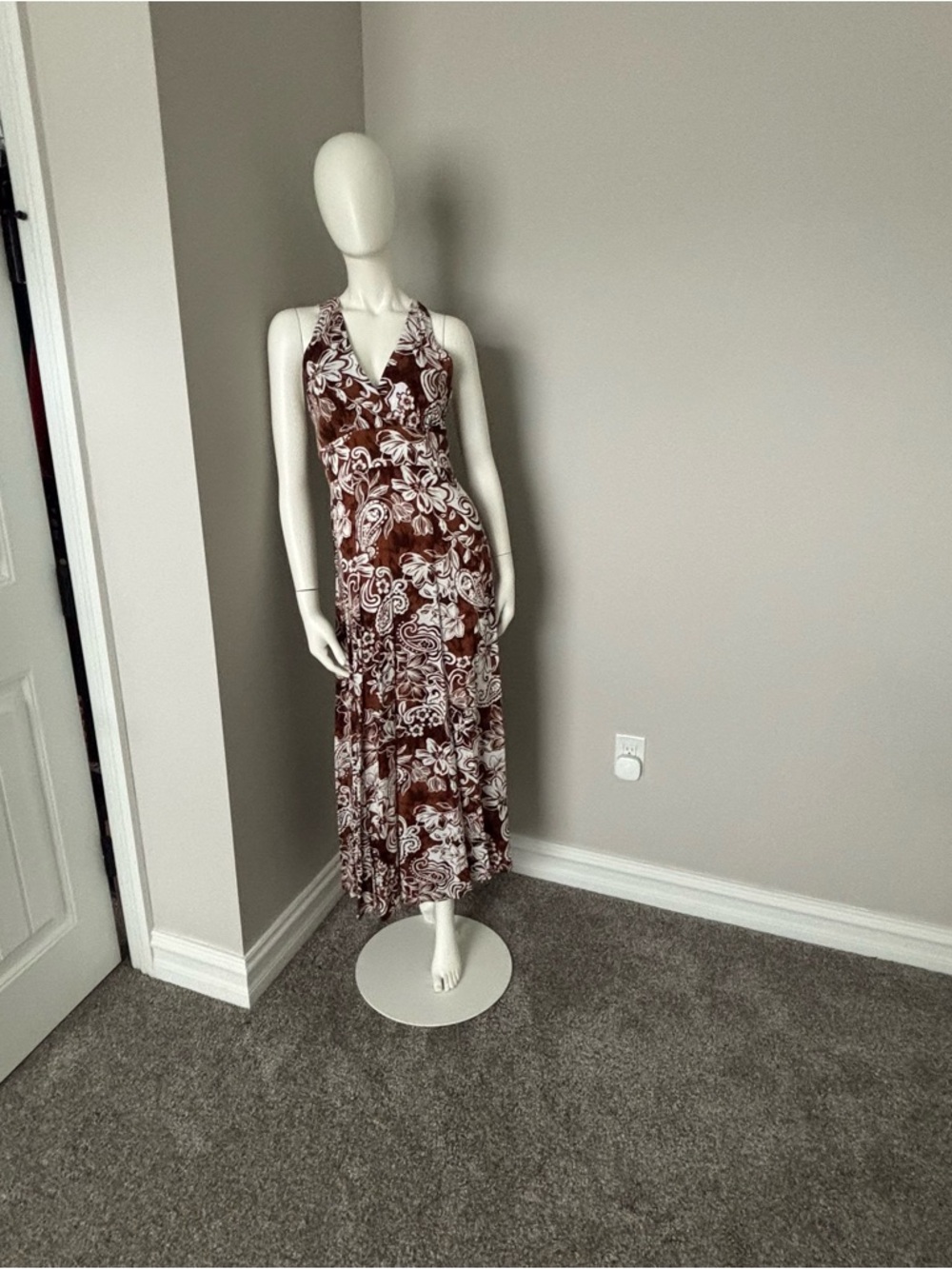 MSK Brown and White Floral Halter Maxi Dress